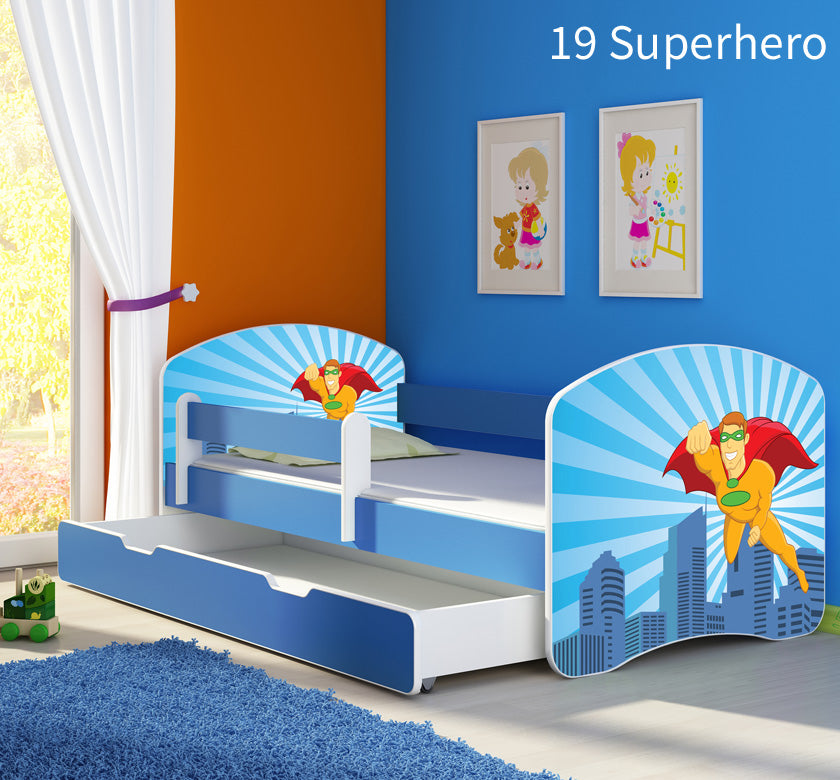 Dječji krevet ACMA s motivom, bočna plava + ladica 180x80 cm 19 Superhero