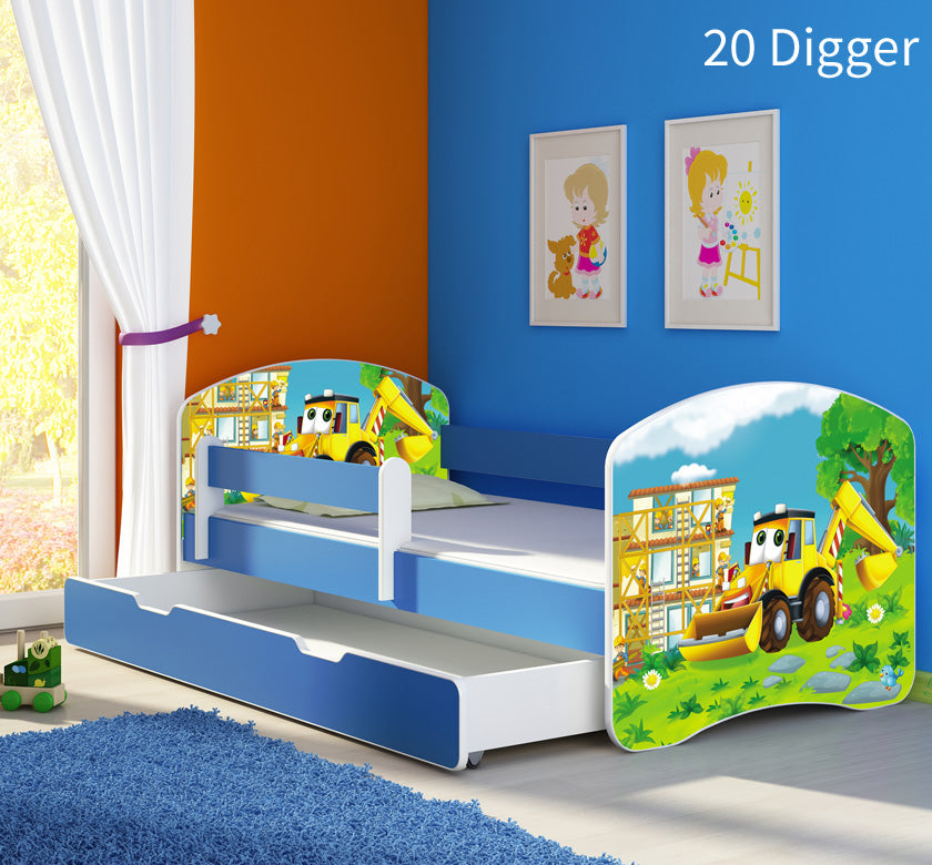 Dječji krevet ACMA s motivom, bočna plava + ladica 160x80 cm 20 Digger