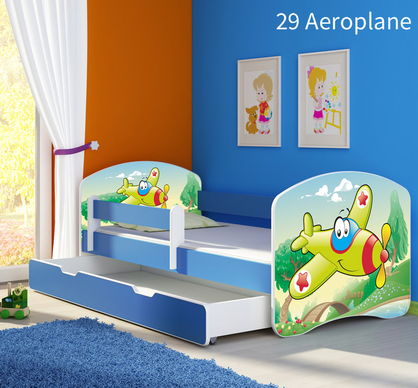 Dječji krevet ACMA s motivom, bočna plava + ladica 160x80 cm 29 Aeroplane
