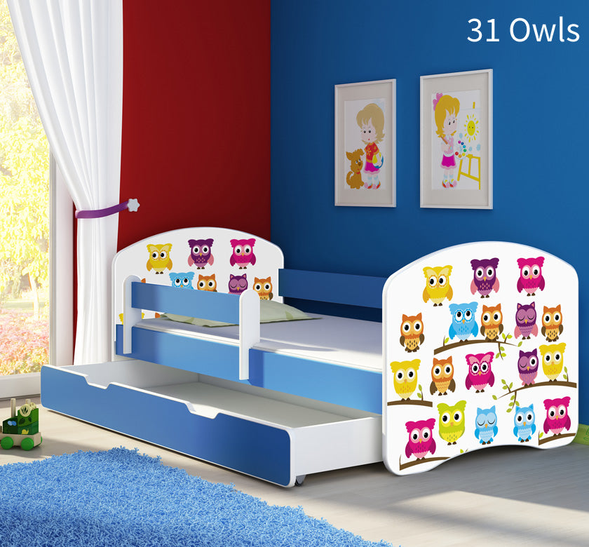Dječji krevet ACMA s motivom, bočna plava + ladica 180x80 cm 31 Owls