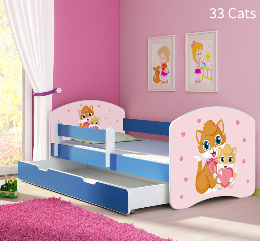 Dječji krevet ACMA s motivom, bočna plava + ladica 160x80 cm 33 Cats