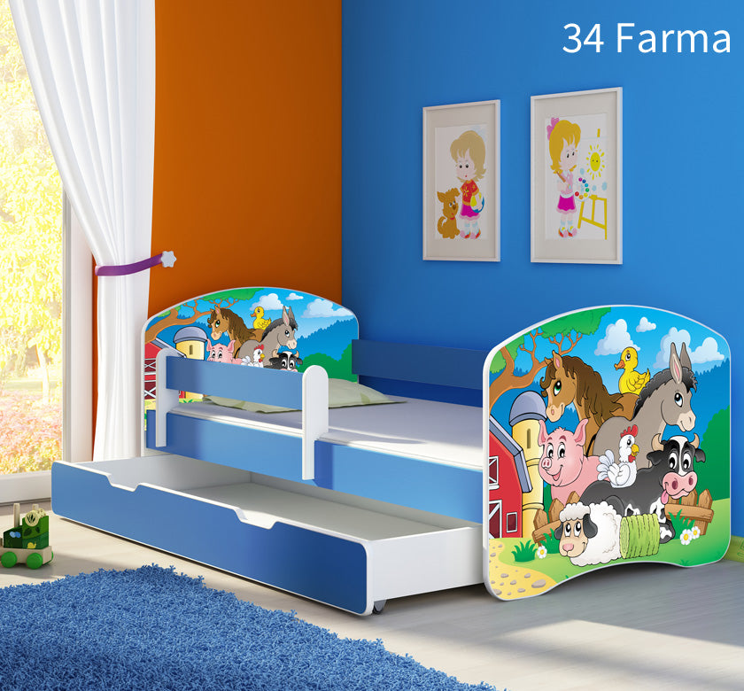 Dječji krevet ACMA s motivom, bočna plava + ladica 160x80 cm 34 Farm