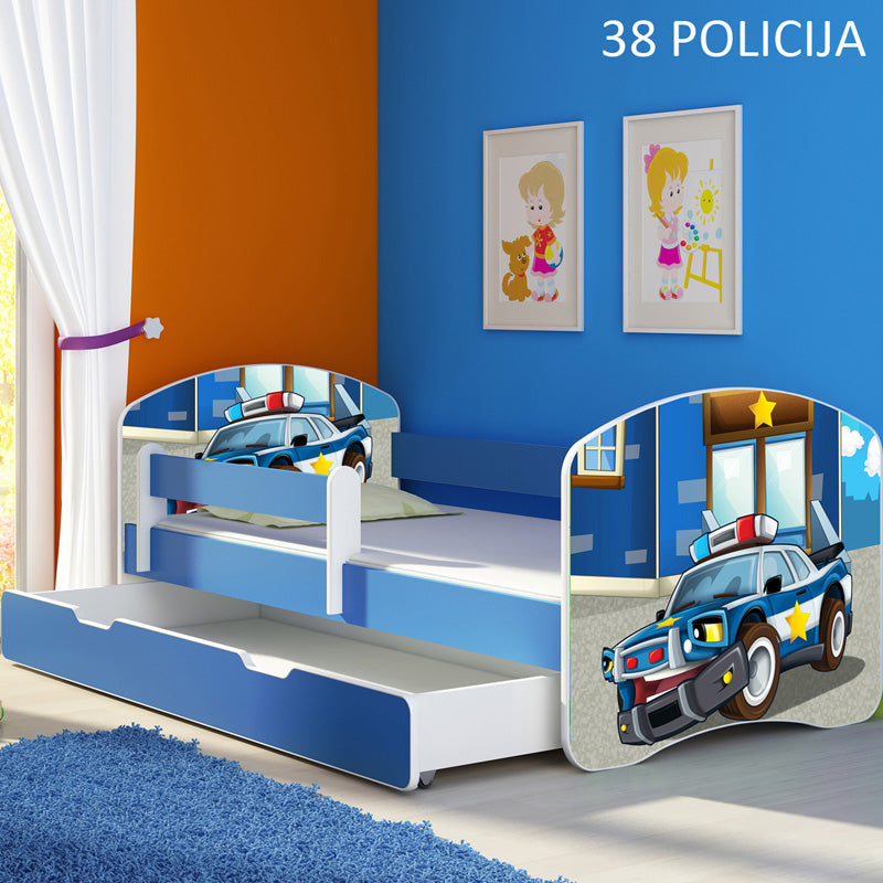 Dječji krevet ACMA s motivom, bočna plava + ladica 160x80 cm 38 Policija