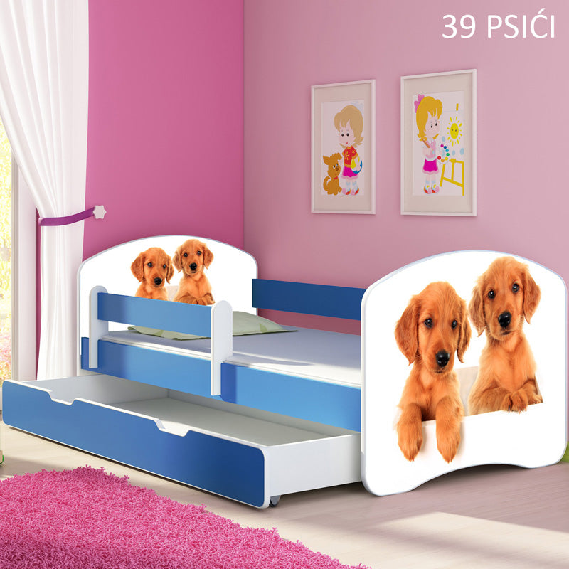 Dječji krevet ACMA s motivom, bočna plava + ladica 140x70 cm 39 Psići