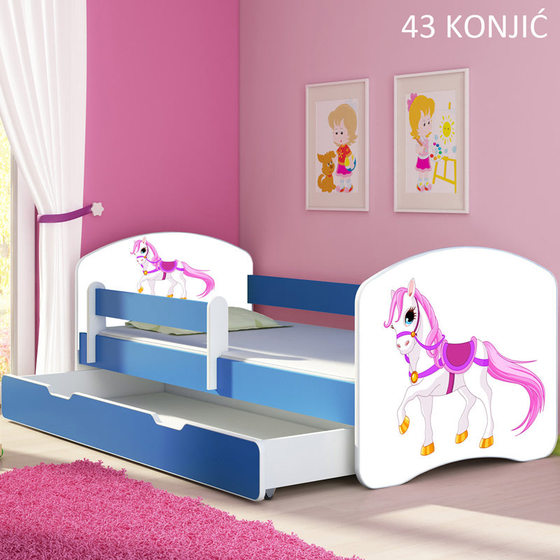 Dječji krevet ACMA s motivom, bočna plava + ladica 160x80 cm 43 Konjić