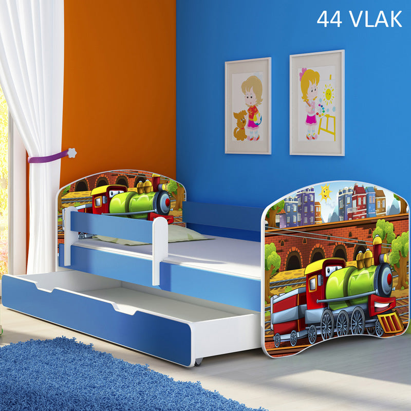Dječji krevet ACMA s motivom, bočna plava + ladica 180x80 cm 44 Vlak