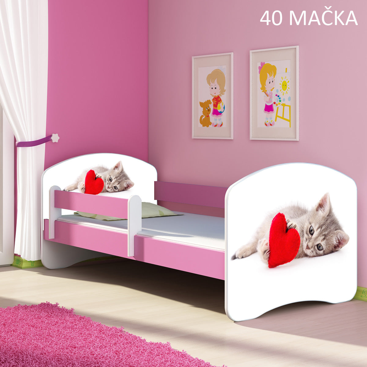 Dječji krevet ACMA s motivom, bočna roza 180x80 cm 40 Mačka
