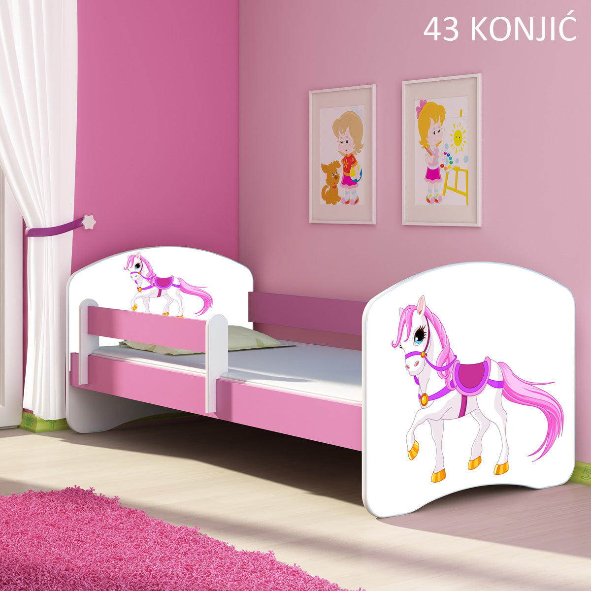 Dječji krevet ACMA s motivom, bočna roza 160x80 cm 43 Konjić