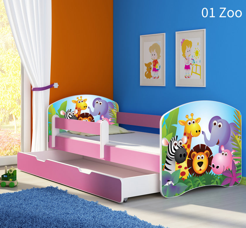 Dječji krevet ACMA s motivom, bočna roza + ladica 160x80 cm 01 Zoo