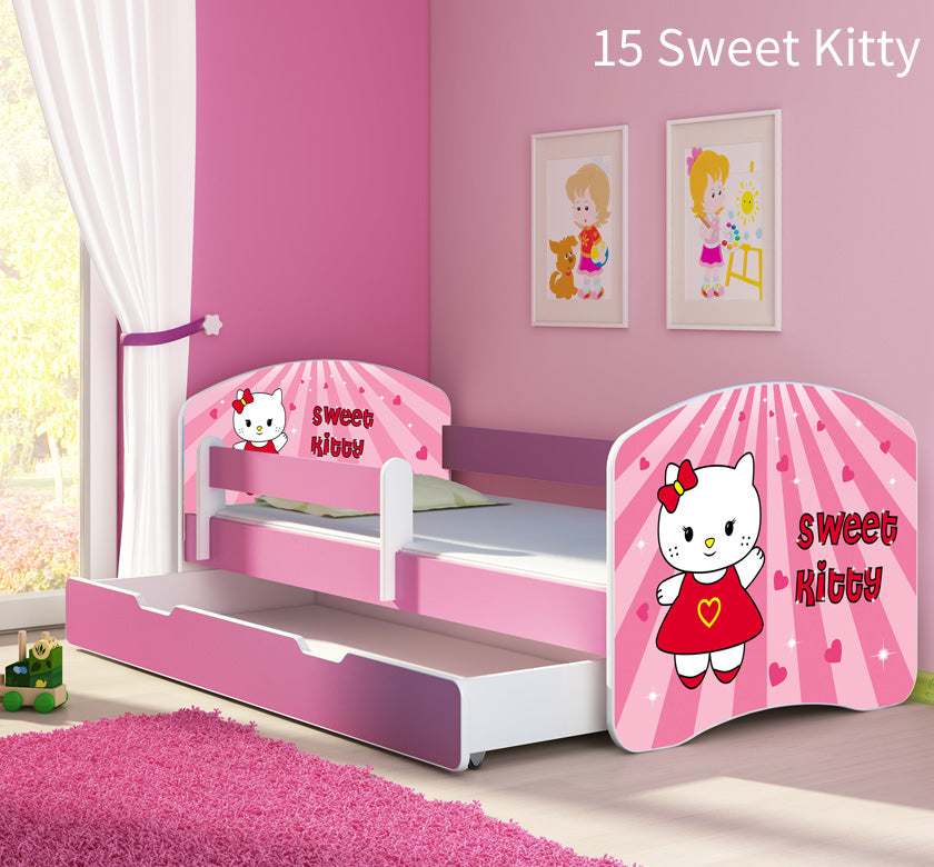 Dječji krevet ACMA s motivom, bočna roza + ladica 160x80 cm 15 Sweet Kitty