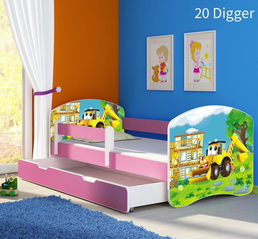 Dječji krevet ACMA s motivom, bočna roza + ladica 160x80 cm 20 Digger