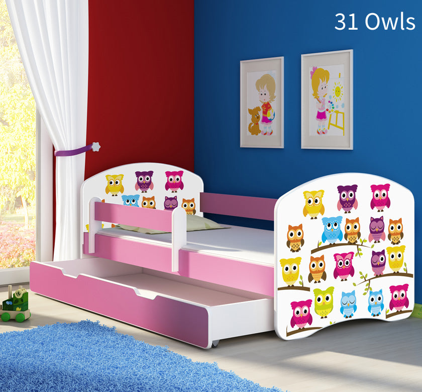 Dječji krevet ACMA s motivom, bočna roza + ladica 160x80 cm 31 Owls