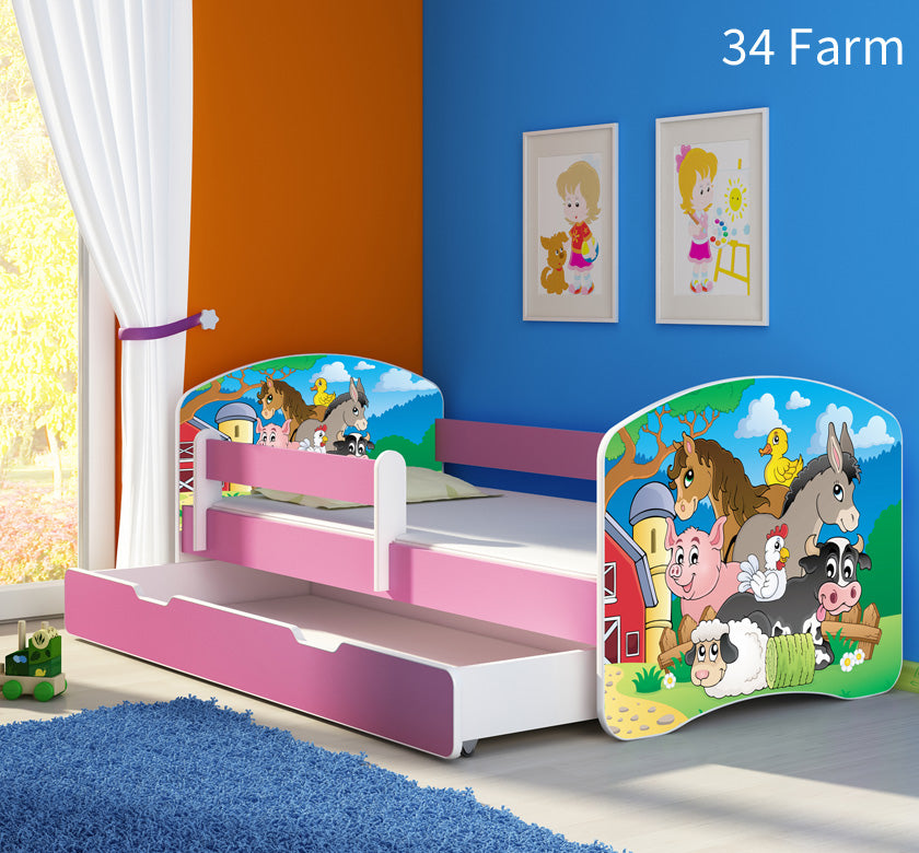 Dječji krevet ACMA s motivom, bočna roza + ladica 160x80 cm 34 Farm
