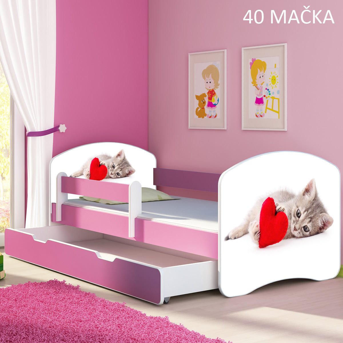 Dječji krevet ACMA s motivom, bočna roza + ladica 160x80 cm 40 Mačka