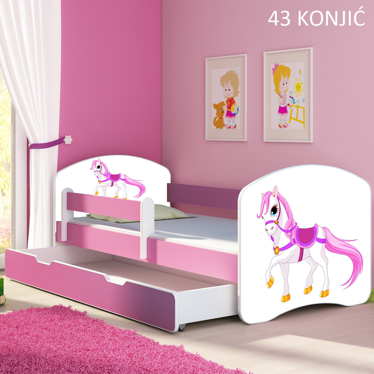 Dječji krevet ACMA s motivom, bočna roza + ladica 140x70 cm 43 Konjić