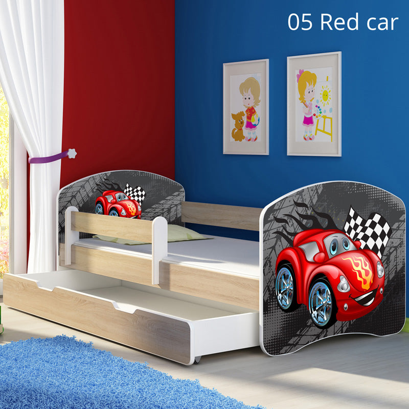 Dječji krevet ACMA s motivom, bočna sonoma + ladica 140x70 cm 05 Red Car