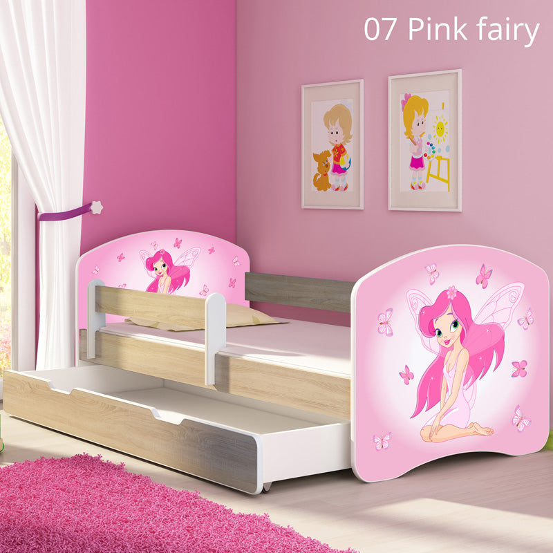 Dječji krevet ACMA s motivom, bočna sonoma + ladica 160x80 cm 07 Pink Fairy