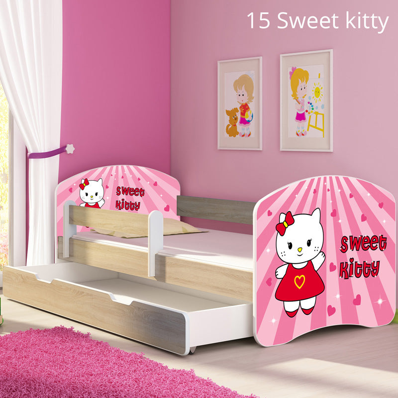 Dječji krevet ACMA s motivom, bočna sonoma + ladica 140x70 cm 15 Sweet Kitty