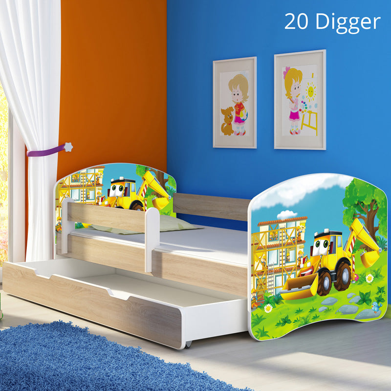 Dječji krevet ACMA s motivom, bočna sonoma + ladica 180x80 cm 20 Digger