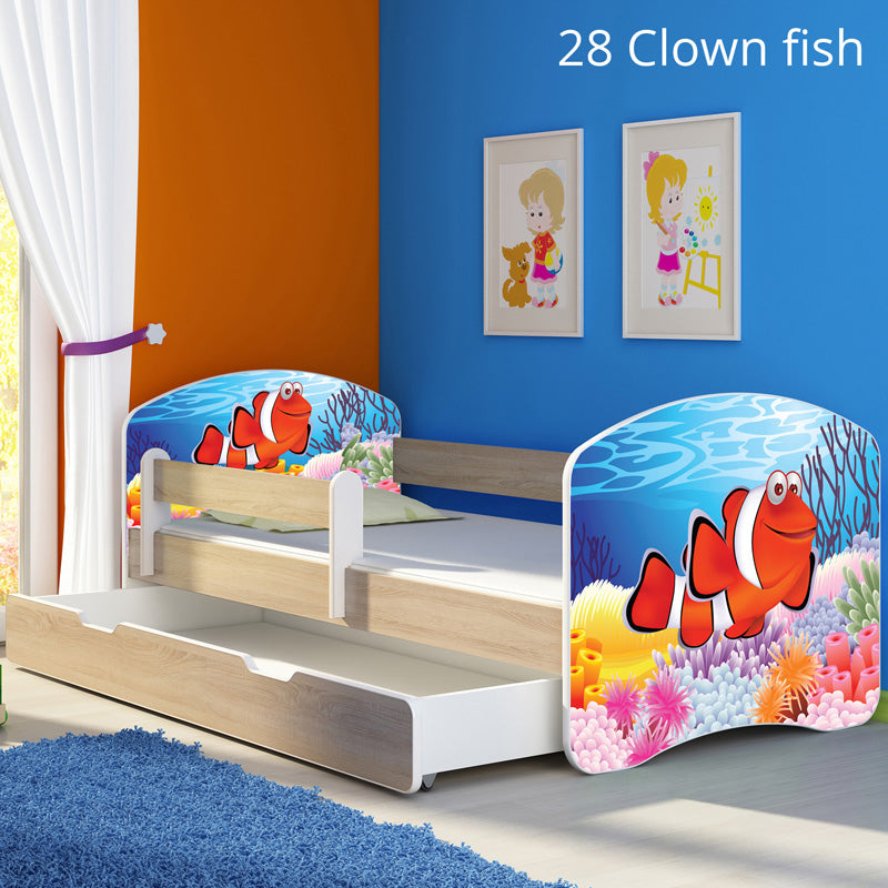 Dječji krevet ACMA s motivom, bočna sonoma + ladica 140x70 cm 28 Clown Fish