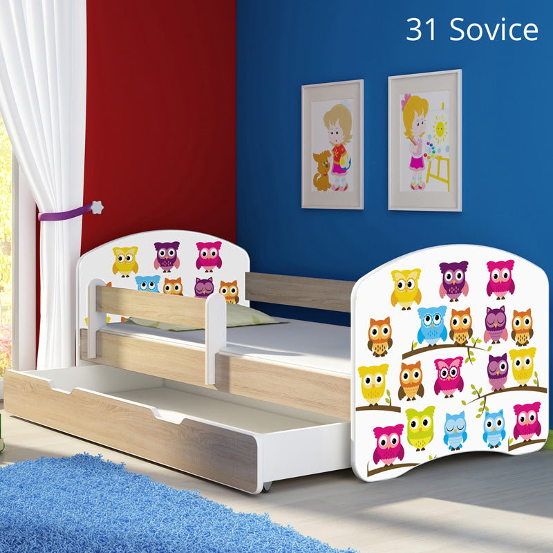 Dječji krevet ACMA s motivom, bočna sonoma + ladica 160x80 cm 31 Owls