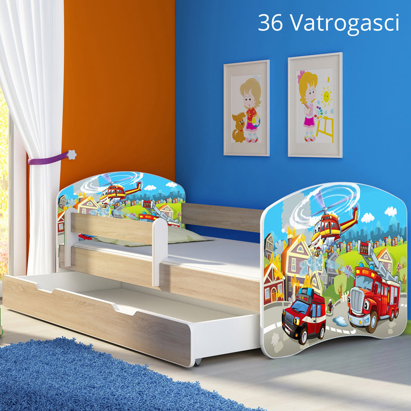 Dječji krevet ACMA s motivom, bočna sonoma + ladica 180x80 cm 36 Vatrogasci