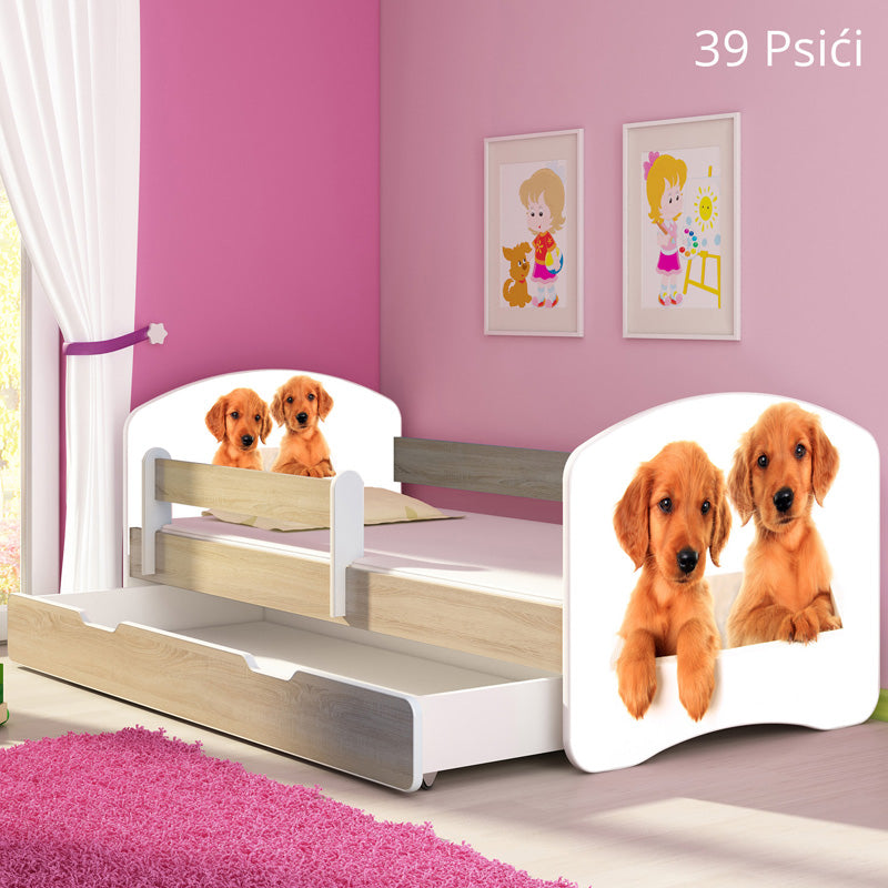 Dječji krevet ACMA s motivom, bočna sonoma + ladica 160x80 cm 39 Psići