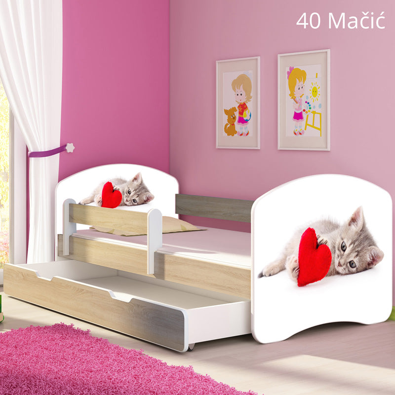 Dječji krevet ACMA s motivom, bočna sonoma + ladica 180x80 cm 40 Mačka