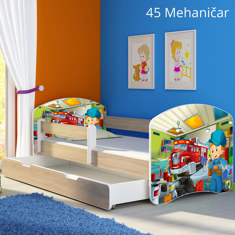 Dječji krevet ACMA s motivom, bočna sonoma + ladica 180x80 cm 45 Mehaničar
