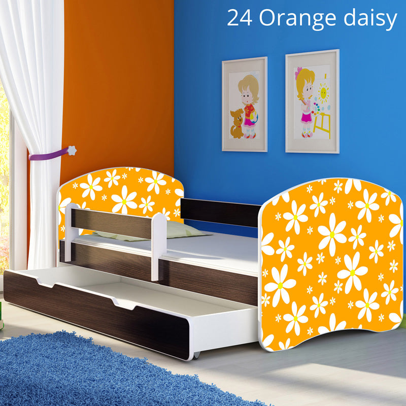 Dječji krevet ACMA s motivom, bočna wenge + ladica 140x70 cm 24 Orange Daisy