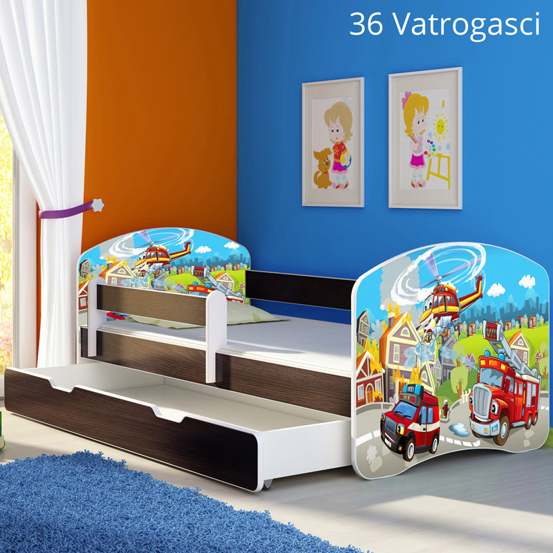 Dječji krevet ACMA s motivom, bočna wenge + ladica 160x80 cm 36 Vatrogasci