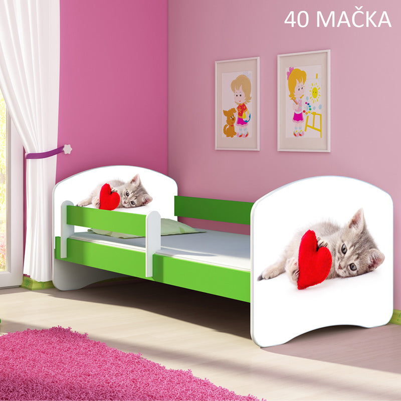 Dječji krevet ACMA s motivom, bočna zelena 160x80 cm 40 Mačka