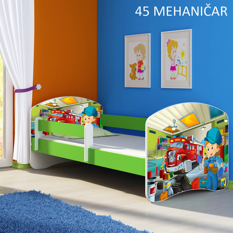 Dječji krevet ACMA s motivom, bočna zelena 160x80 cm 45 Mehaničar