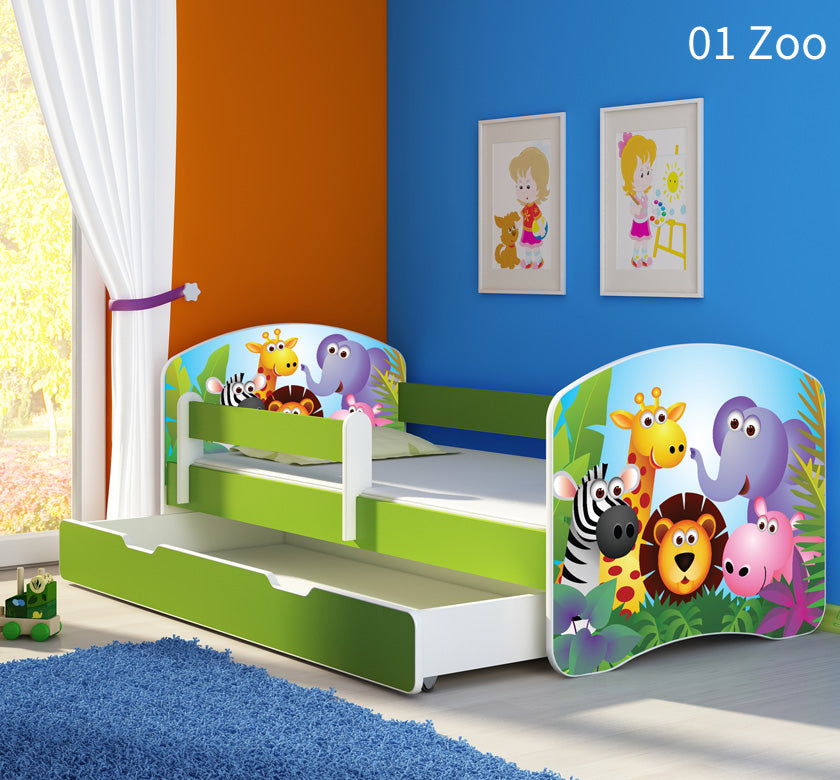 Dječji krevet ACMA s motivom, bočna zelena + ladica 180x80 cm