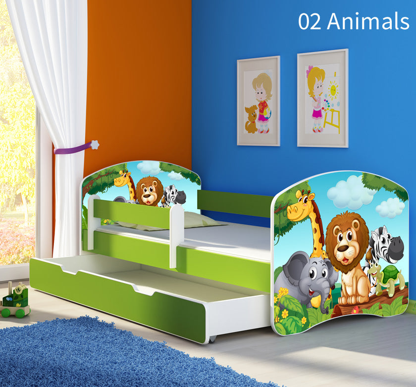 Dječji krevet ACMA s motivom, bočna zelena + ladica 160x80 cm 02 Animals