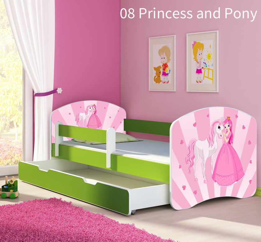 Dječji krevet ACMA s motivom, bočna zelena + ladica 160x80 cm 08 Princess with Pony