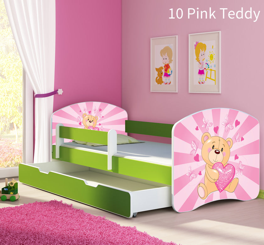 Dječji krevet ACMA s motivom, bočna zelena + ladica 160x80 cm 10 Pink Teddy Bear