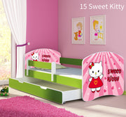 Dječji krevet ACMA s motivom, bočna zelena + ladica 160x80 cm 15 Sweet Kitty