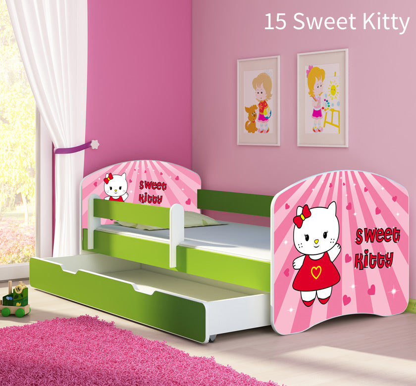 Dječji krevet ACMA s motivom, bočna zelena + ladica 160x80 cm 15 Sweet Kitty