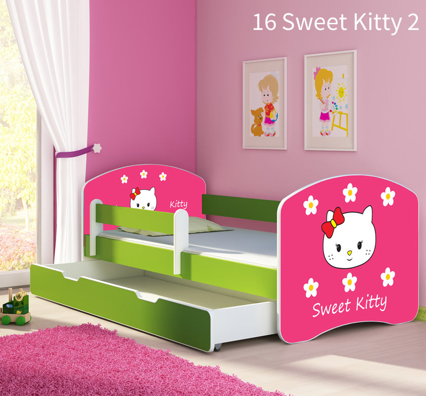 Dječji krevet ACMA s motivom, bočna zelena + ladica 140x70 cm 16 Sweet Kitty 2