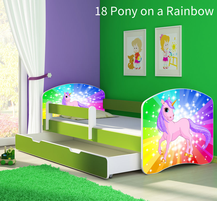 Dječji krevet ACMA s motivom, bočna zelena + ladica 140x70 cm 18 Pony on a rainbow