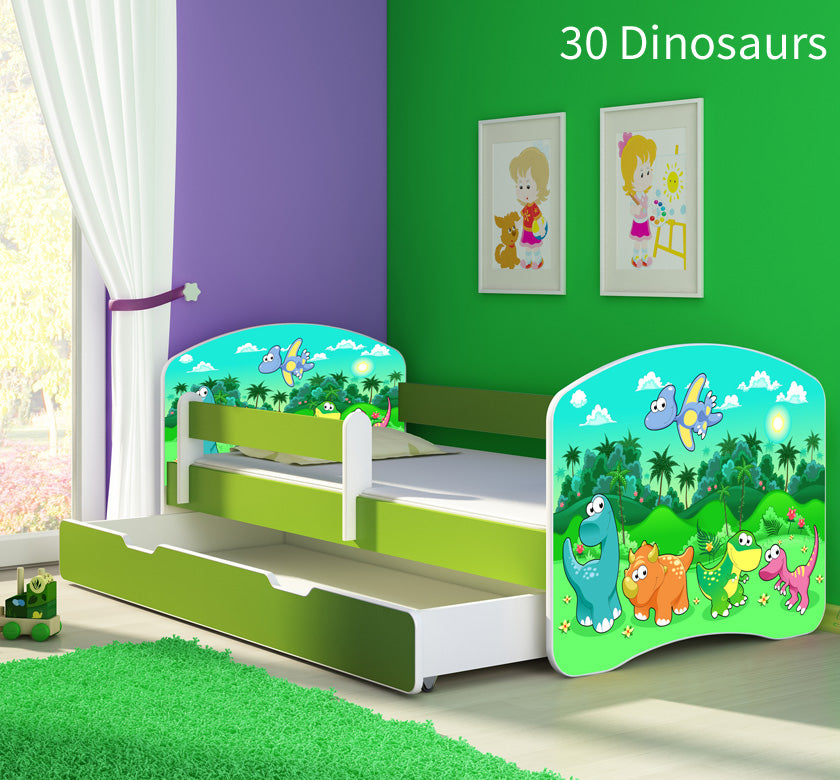 Dječji krevet ACMA s motivom, bočna zelena + ladica 160x80 cm 30 Dinosaurs