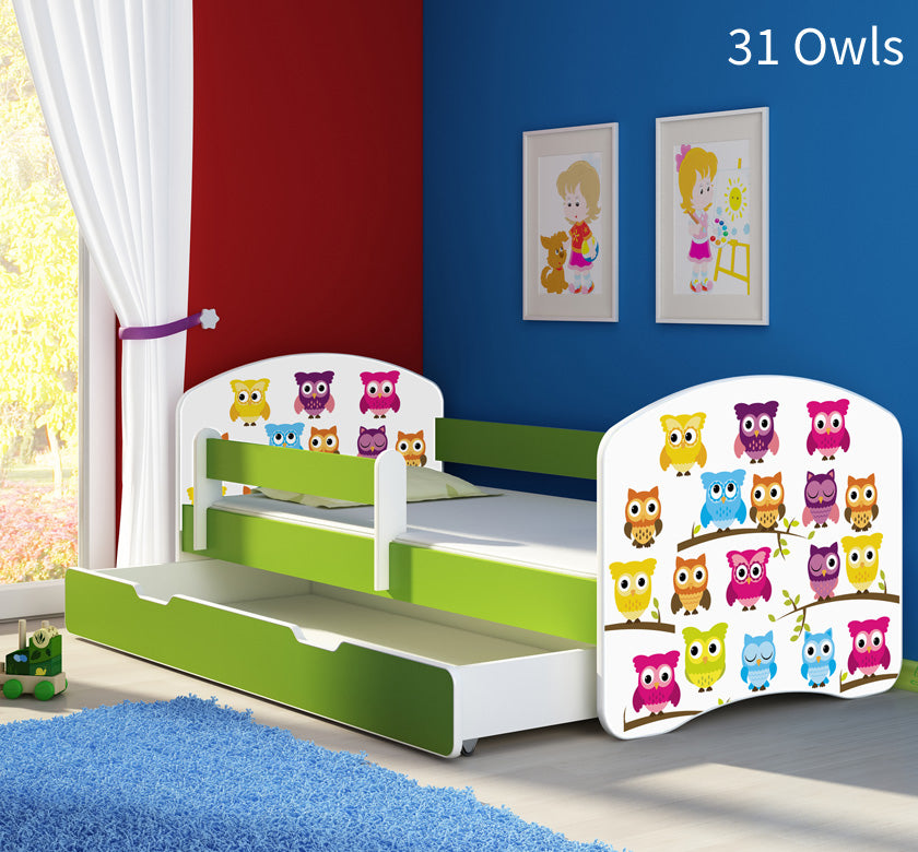 Dječji krevet ACMA s motivom, bočna zelena + ladica 180x80 cm 31 Owls