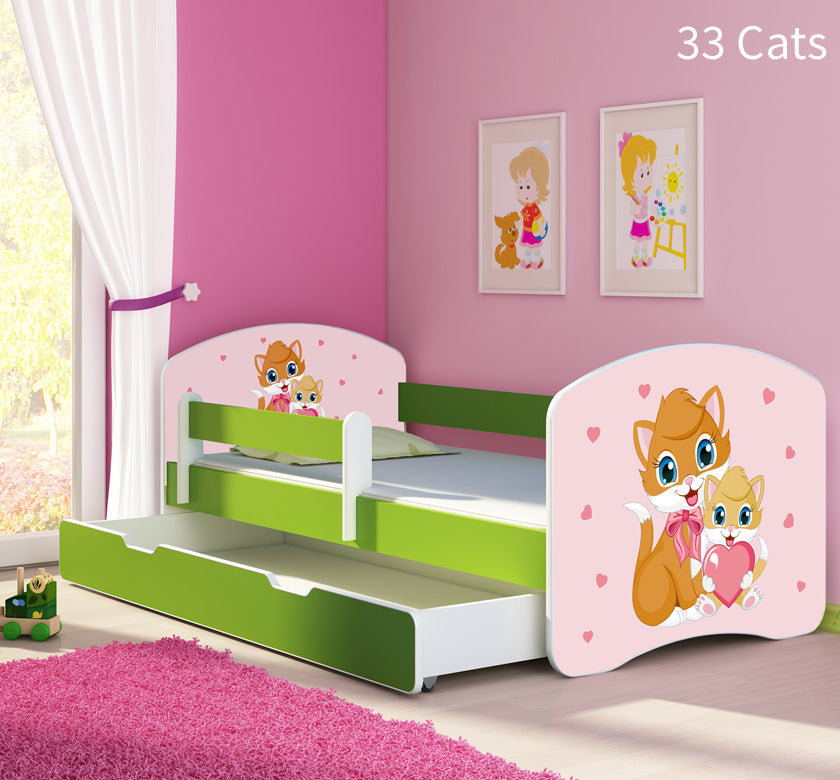 Dječji krevet ACMA s motivom, bočna zelena + ladica 160x80 cm 33 Cats