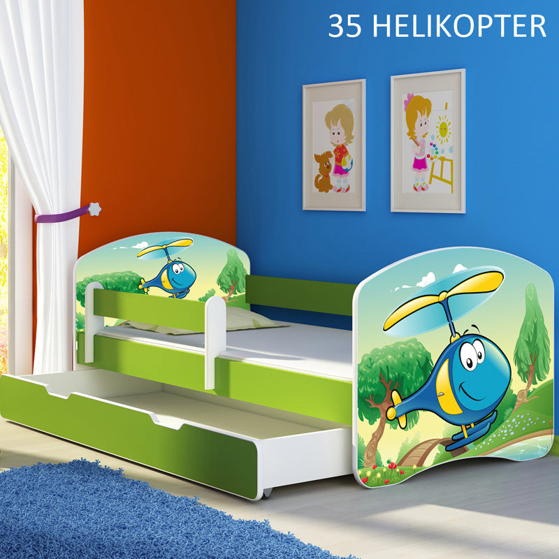 Dječji krevet ACMA s motivom, bočna zelena + ladica 160x80 cm 35 Helikopter