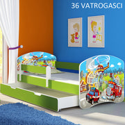Dječji krevet ACMA s motivom, bočna zelena + ladica 180x80 cm 36 Vatrogasci