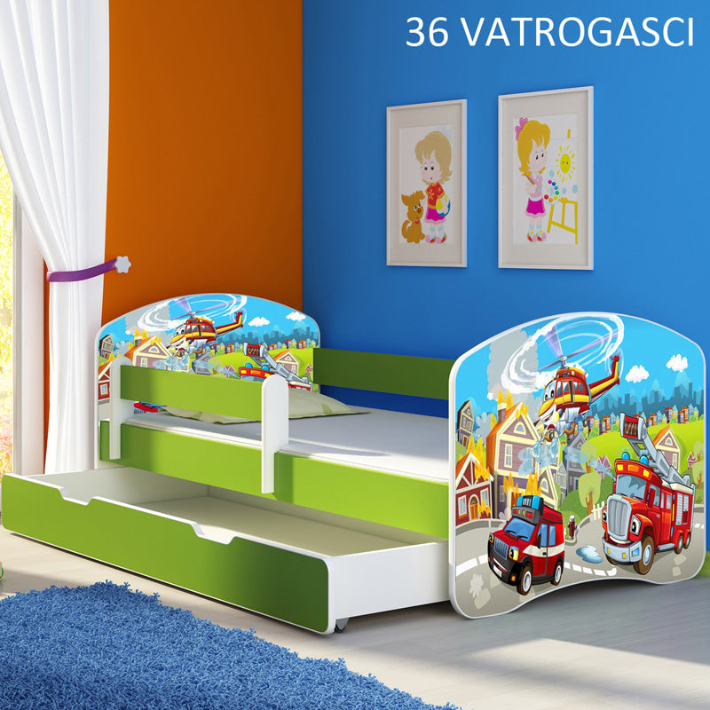 Dječji krevet ACMA s motivom, bočna zelena + ladica 180x80 cm 36 Vatrogasci