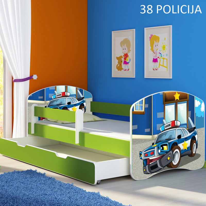Dječji krevet ACMA s motivom, bočna zelena + ladica 180x80 cm 38 Policija