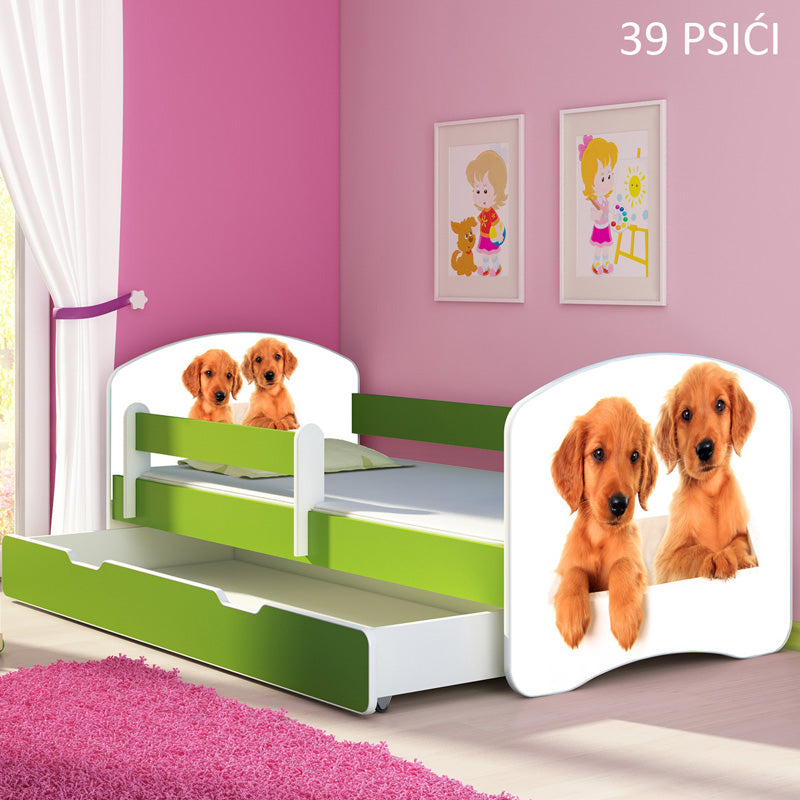 Dječji krevet ACMA s motivom, bočna zelena + ladica 180x80 cm 39 Psići