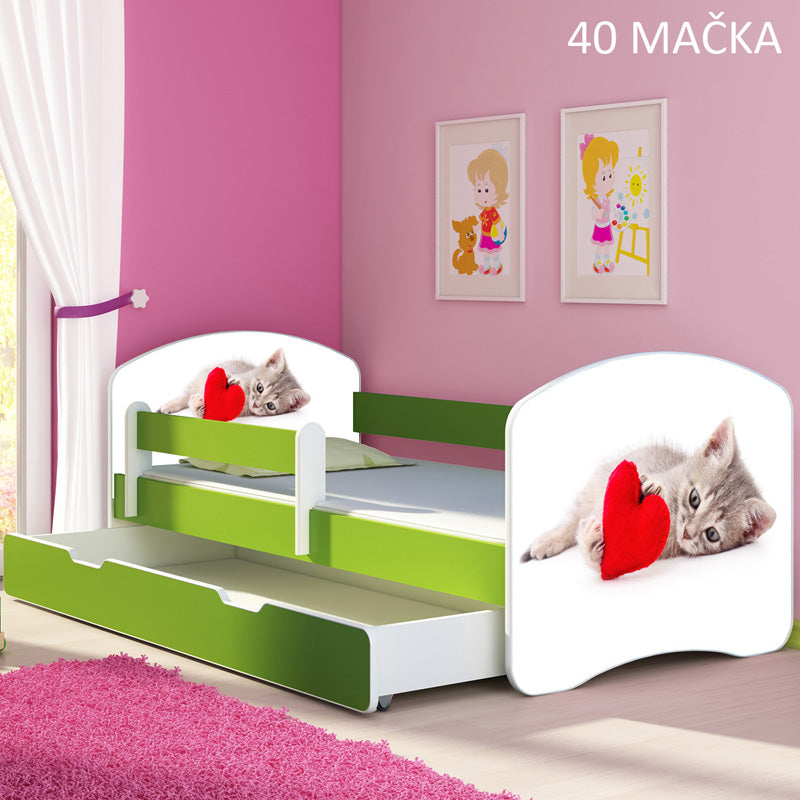 Dječji krevet ACMA s motivom, bočna zelena + ladica 180x80 cm 40 Mačka